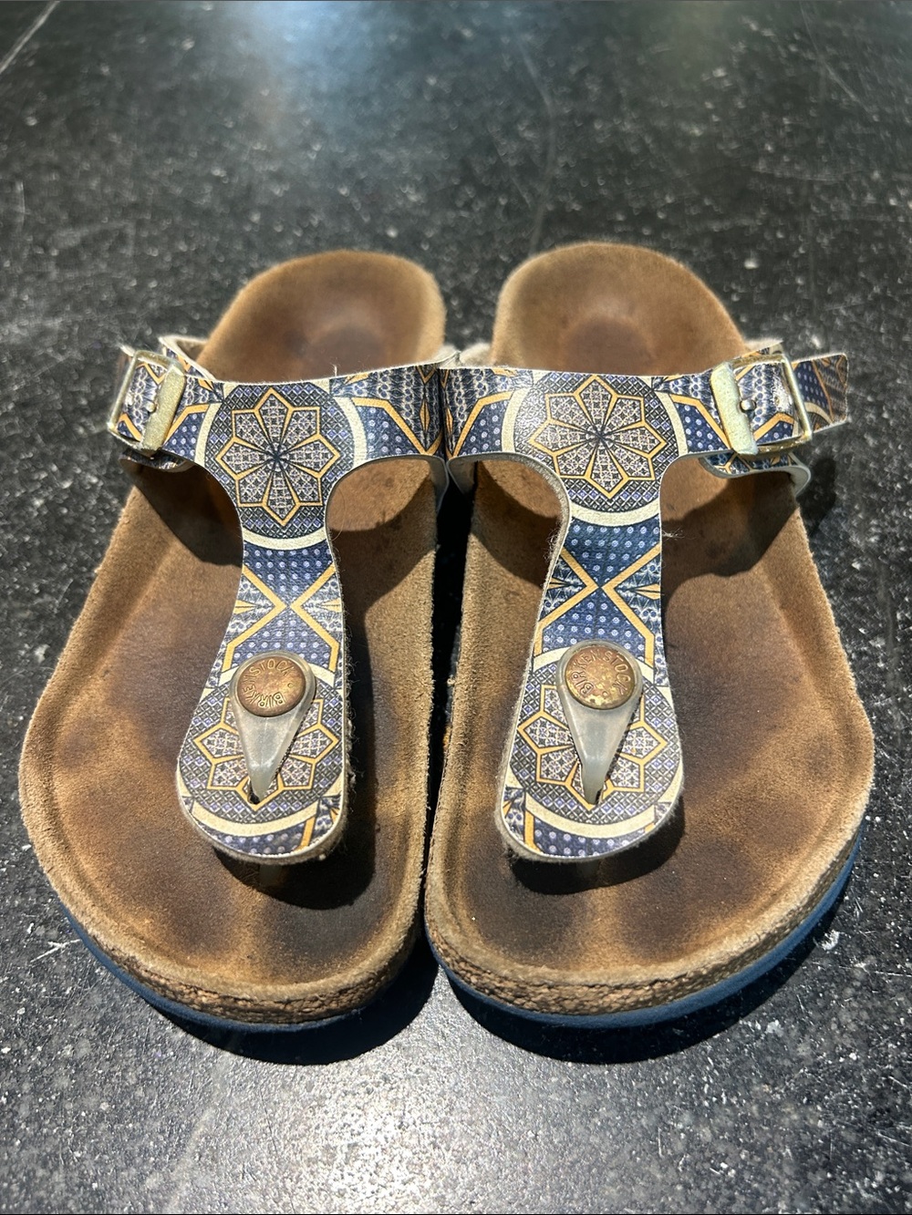 Birkenstock Thong Sandals in Navy-Gold pattern